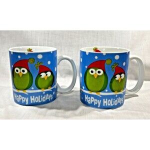SET OF 2 Pier 1 One Imports Mugs- Happy Holidays Christmas Santa Owls Coffee Tea
